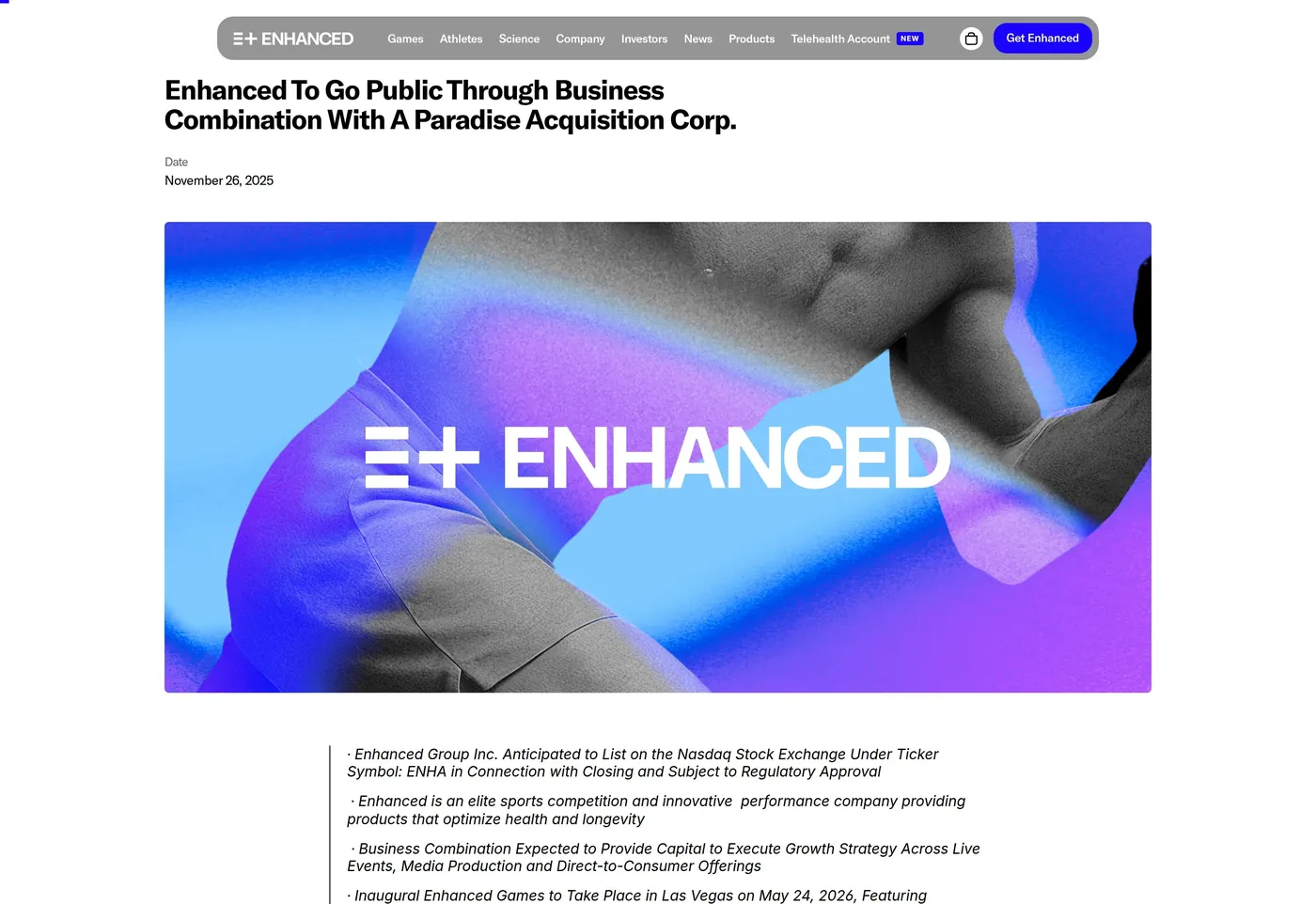 Enhanced press release showing the public-market ENHA ticker reference that can be confused with the Solana token ticker.
