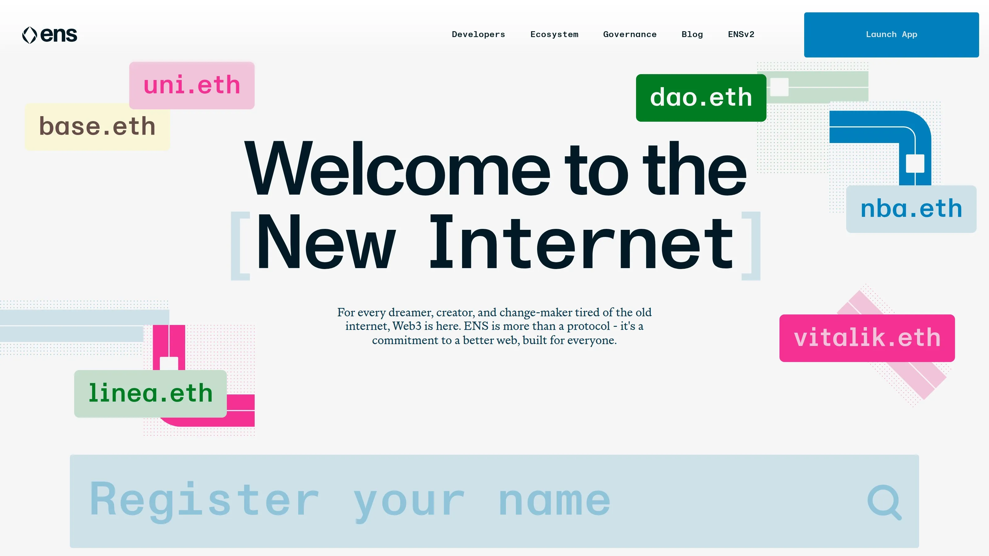 Ethereum Name Service、ウォレット名、Web3 ID ツールを示す ENS ホームページ。
