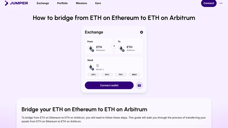 Interface da ponte Jumper mostrando ETH se movendo de Ethereum para Arbitrum