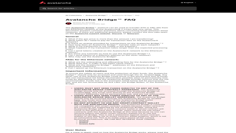 Avalanche Bridge FAQ explaining how the Avalanche bridge handles ETH and ERC-20 transfers