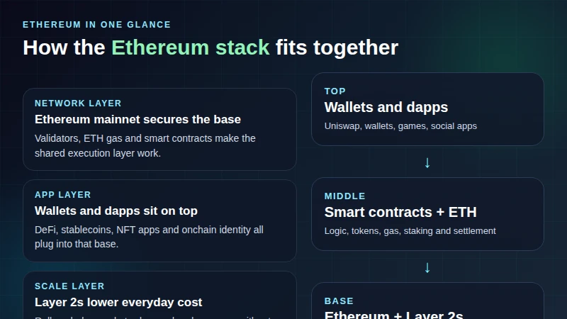 Visual breakdown of the Ethereum stack showing apps, smart contracts, ETH and Layer 2s