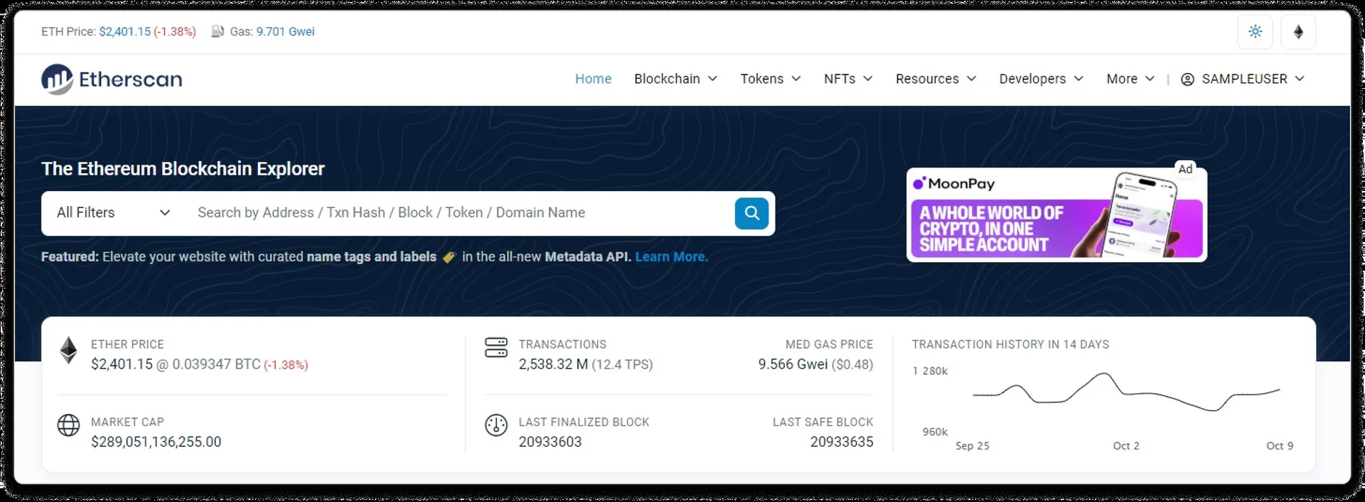 Etherscan-Startseite zeigt ETH-Preis, Gas-Tracker, Transaktionsdiagramm und Suchleiste zur Erkundung der Ethereum-Blockchain