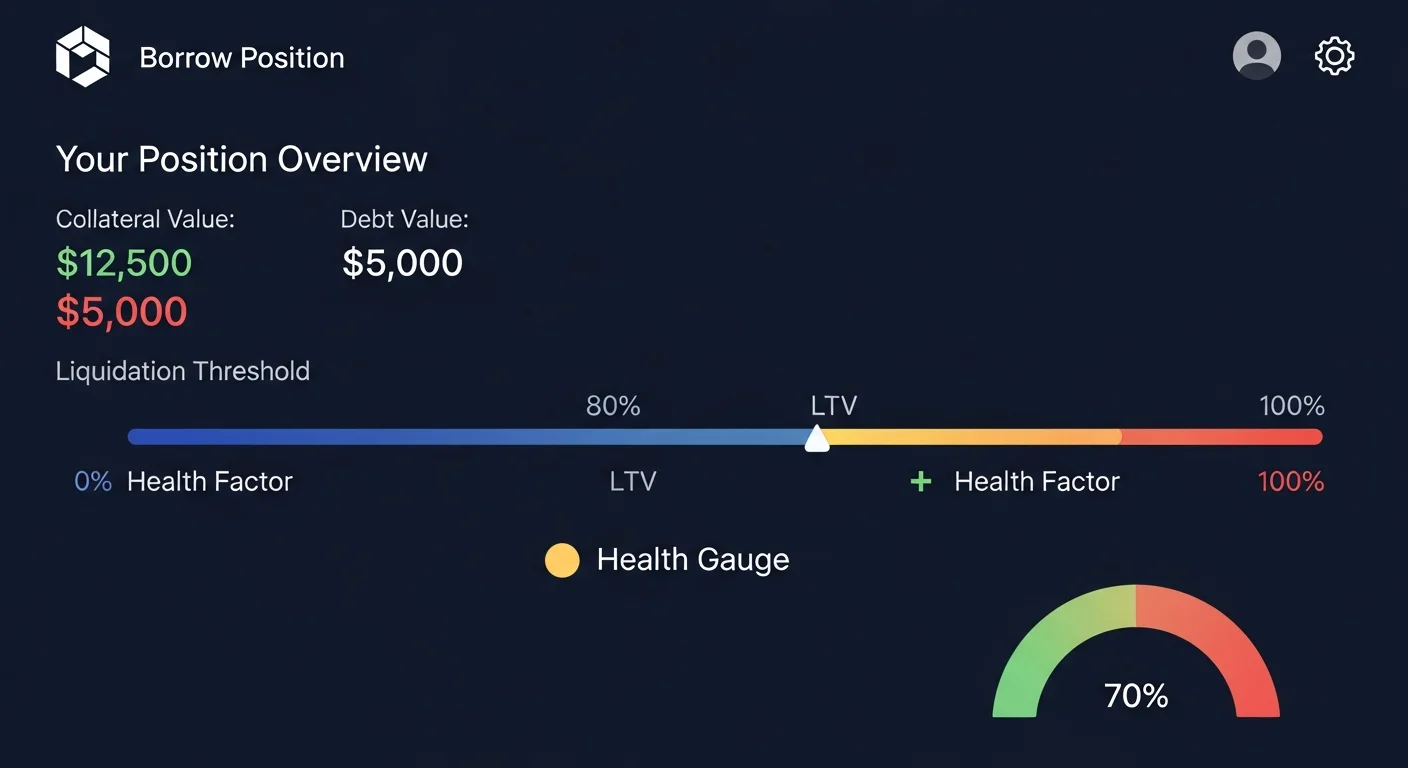Borrow position mockup showing collateral, debt, LTV, liquidation threshold, health factor, and add-collateral button