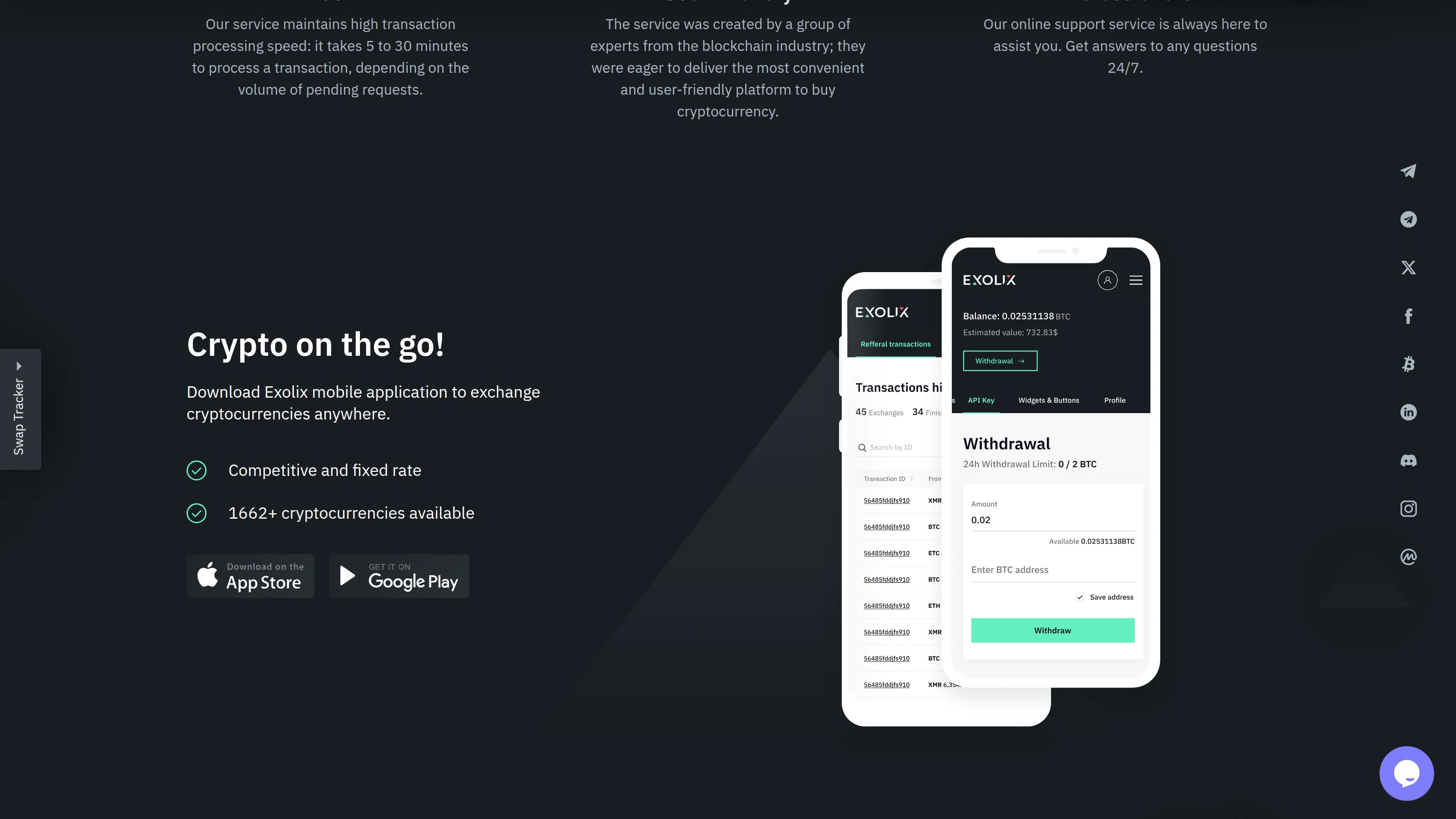 Exolix-Homepage, die keine Anmeldung, Selbstverwahrung und feste oder variable Tarife hervorhebt