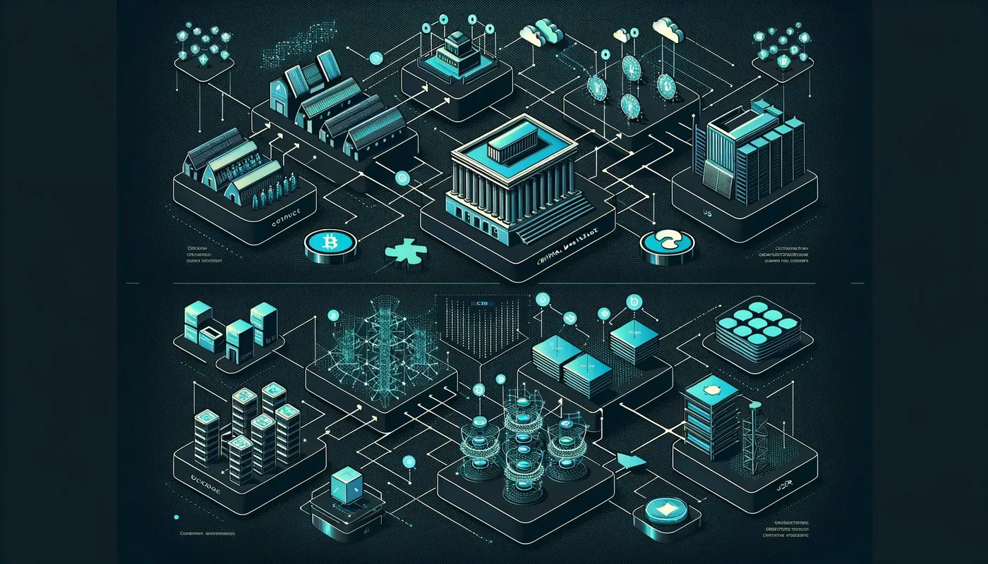 CBDC centralized flow vs cryptocurrency decentralized flow - contrasting architectures