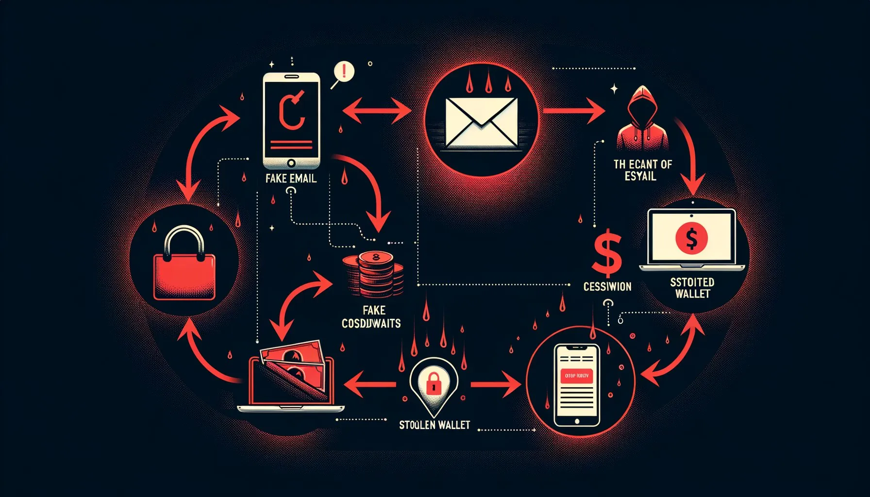 How a phishing attack works: fake email to fake website to stolen credentials to drained wallet