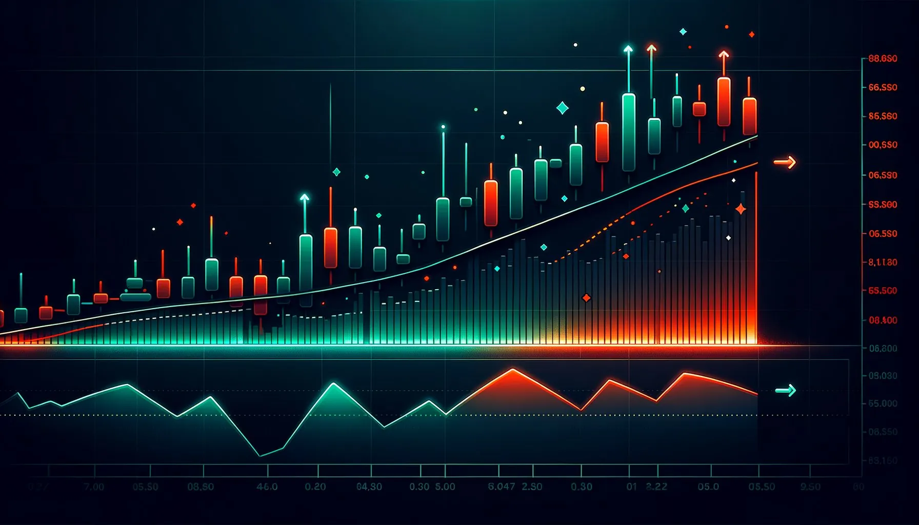 RSI indicator showing overbought zone (>70, red) and oversold zone (<30, green) with buy/sell signals