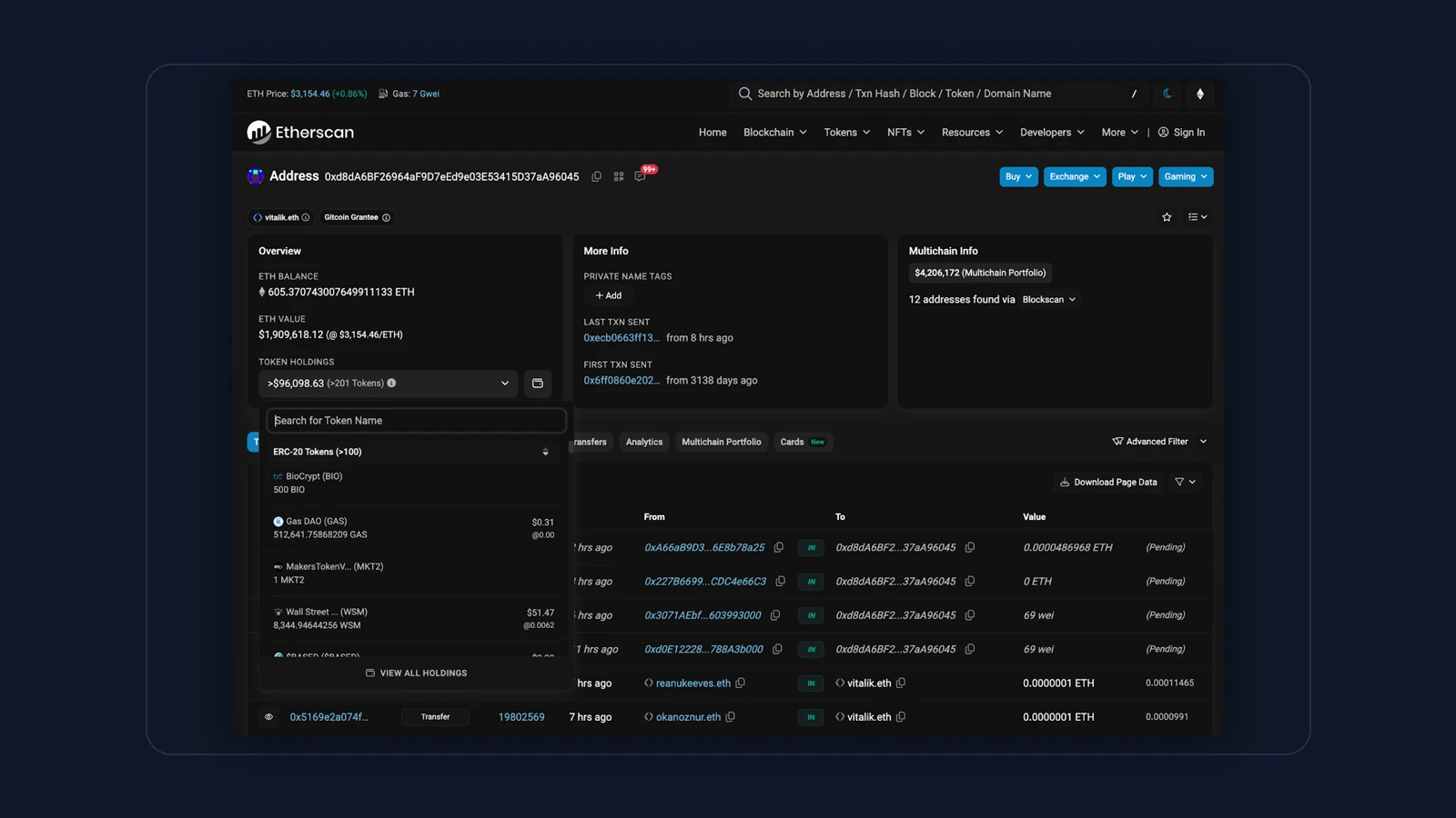 Etherscan adres sayfası, bir Ethereum hesabı için token varlıklarını gösteriyor