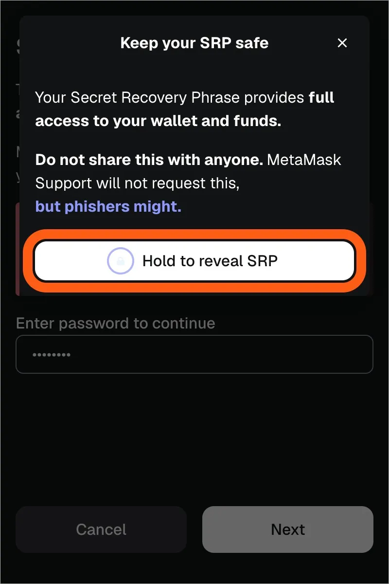 MetaMask wallet Secret Recovery Phrase reveal screen with Hold to reveal SRP button