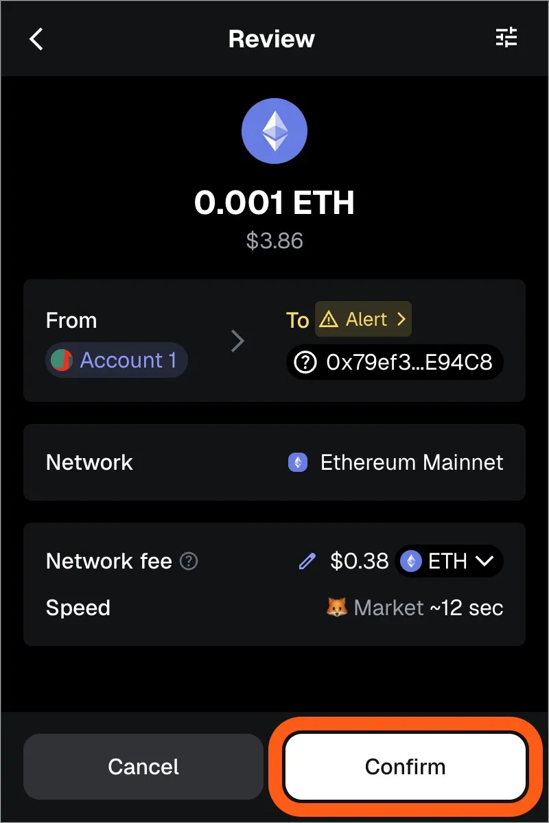 MetaMask send and receive confirmation style interface showing wallet-side transaction review
