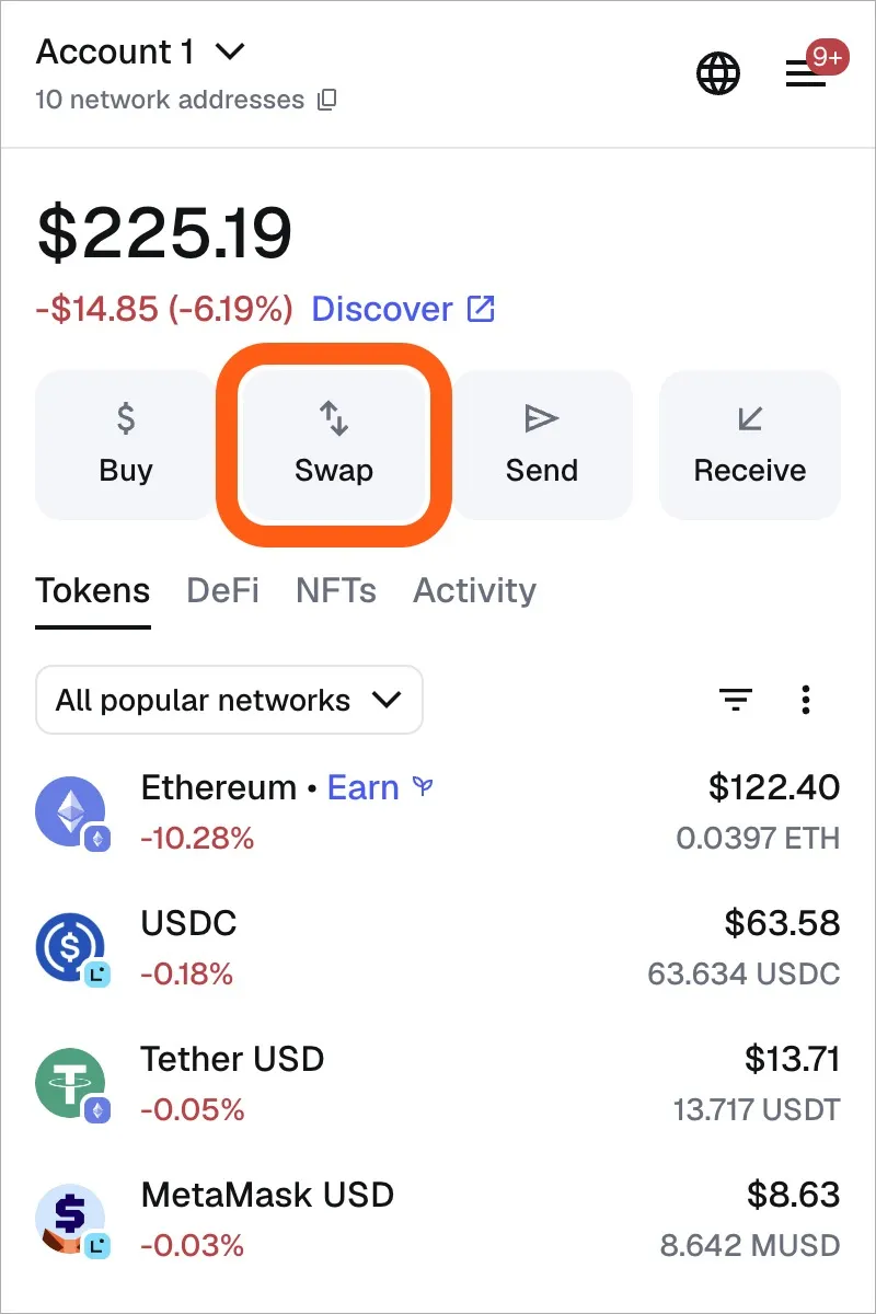 MetaMask wallet dashboard showing ETH balance and token list