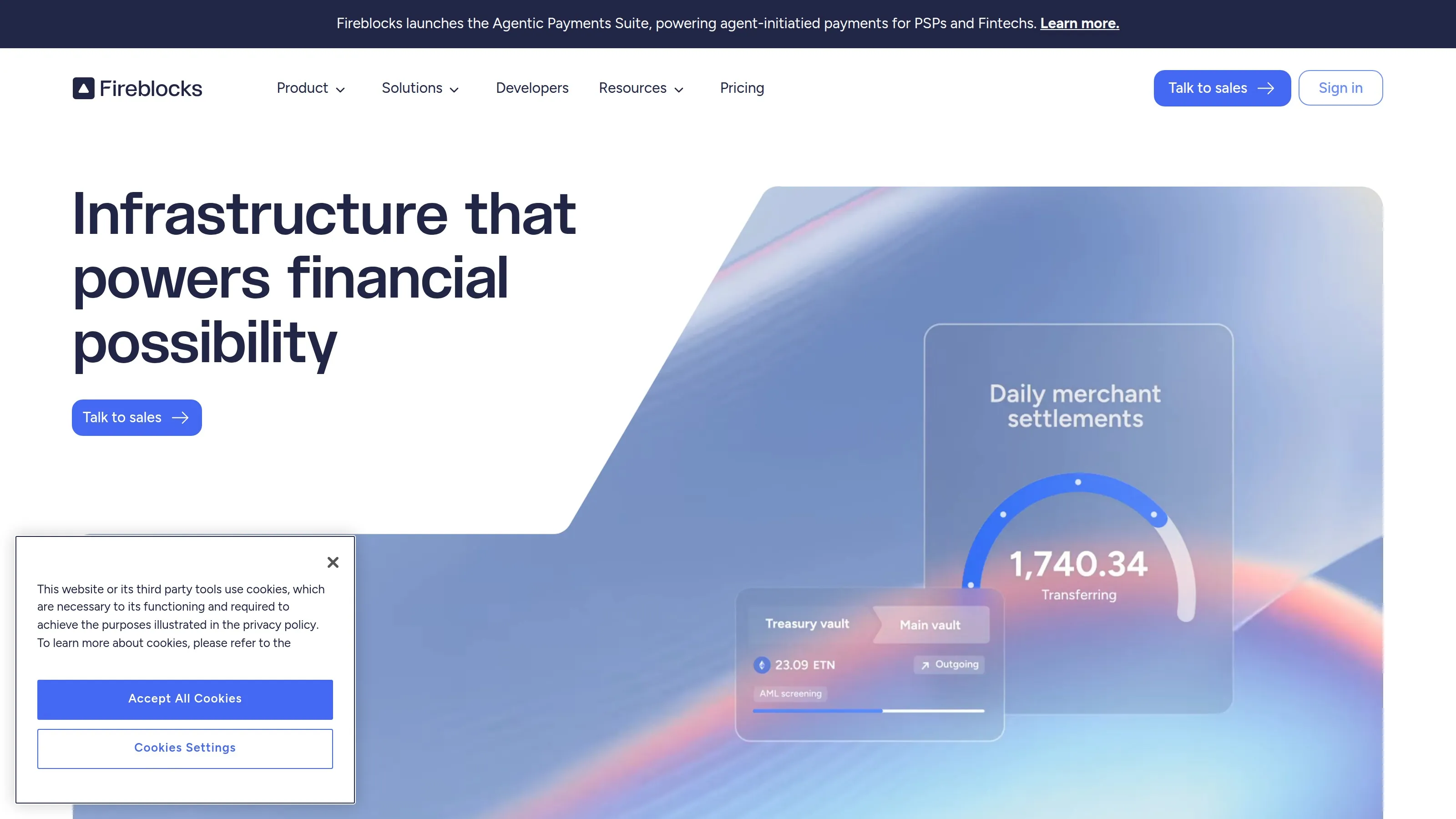 Fireblocks homepage showing digital asset, stablecoin and wallet infrastructure for institutions.