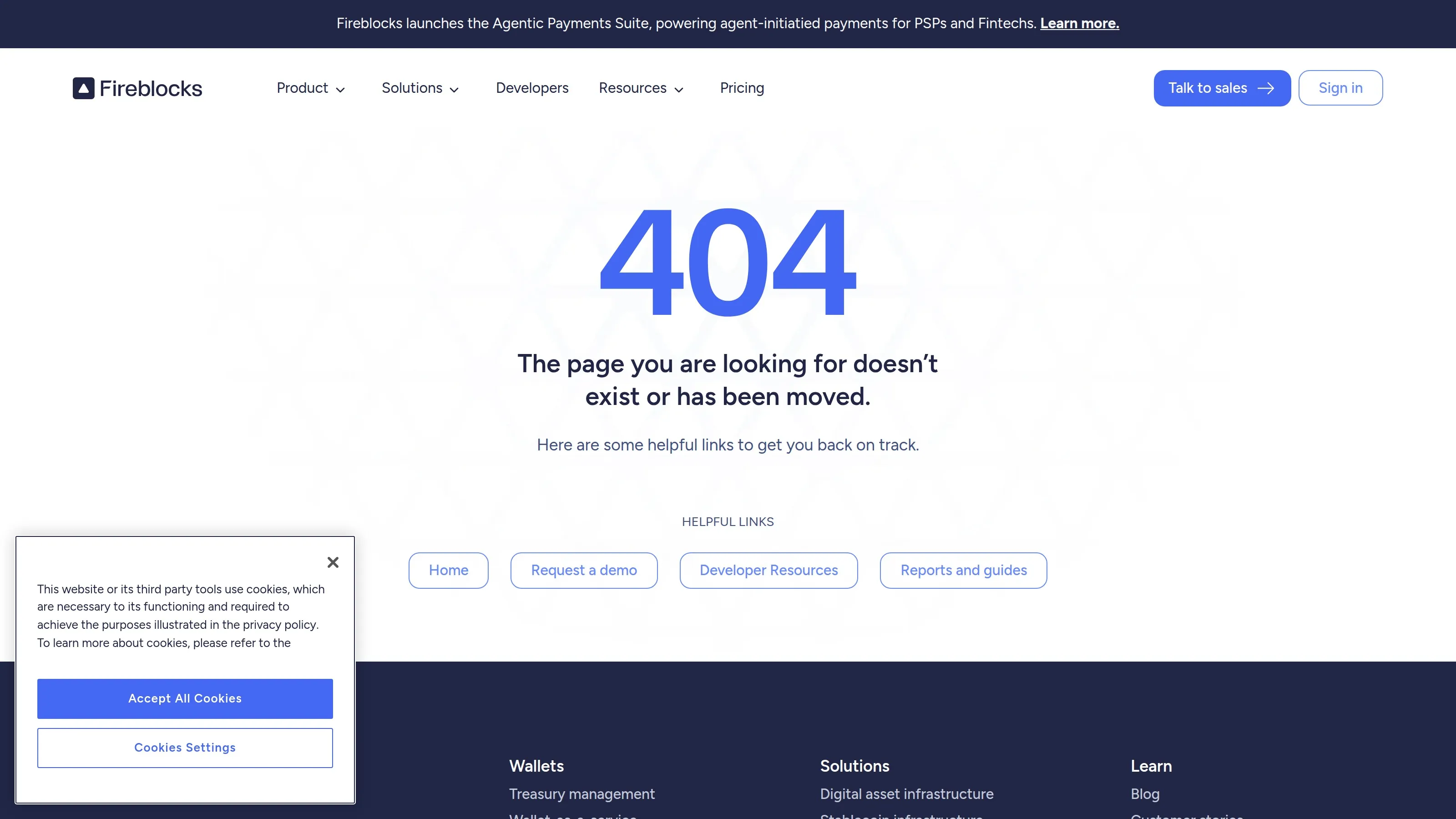 Fireblocks page showing digital asset custody, MPC wallets and institutional treasury infrastructure.