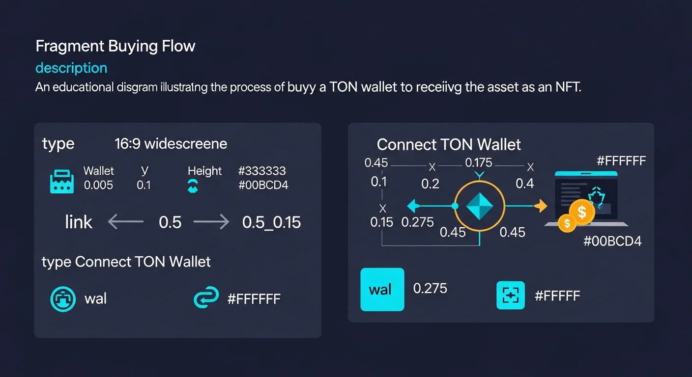 Diagrama del flujo de compra de Fragment: conectar billetera TON, explorar subastas, hacer una oferta, el activo llega a la billetera como NFT