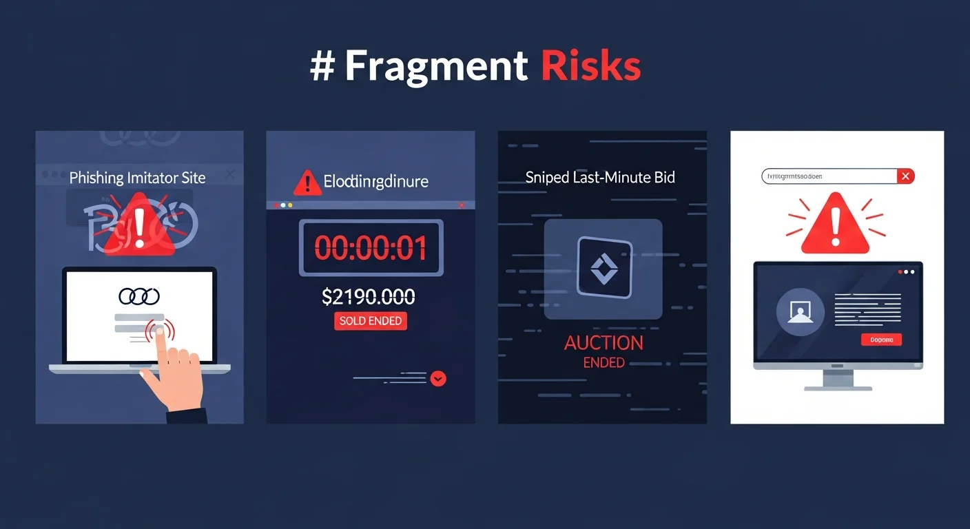 Ilustración de cuatro paneles de riesgos de Fragment: imitador de phishing, puja sniped, estafa de premium falsa, depósito perdido
