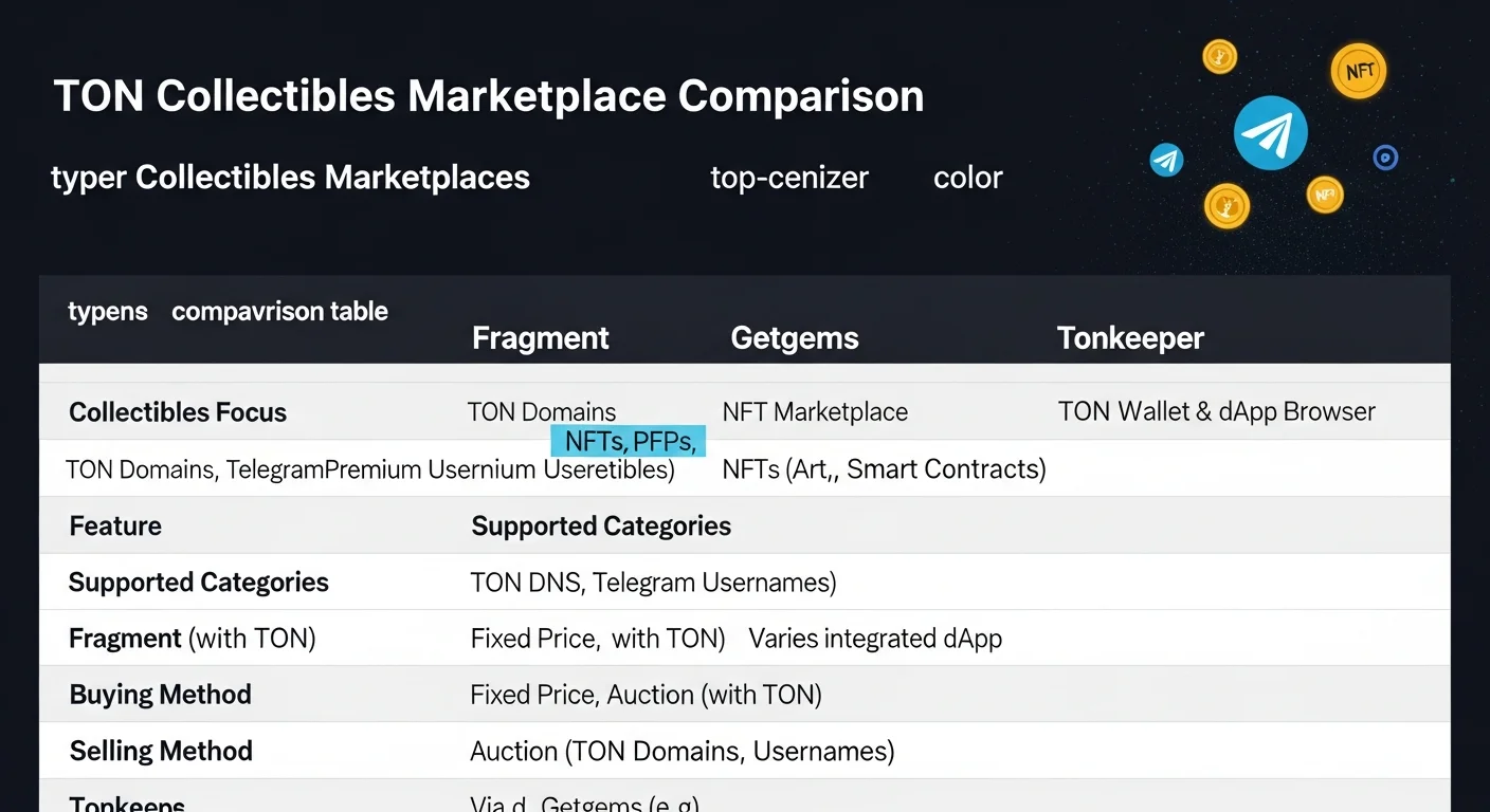 Infografía comparando Fragment, Getgems y Tonkeeper para coleccionables basados en TON