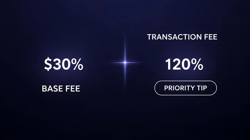 Infographic showing the EIP-1559 fee structure with base fee burn and priority fee to validators.