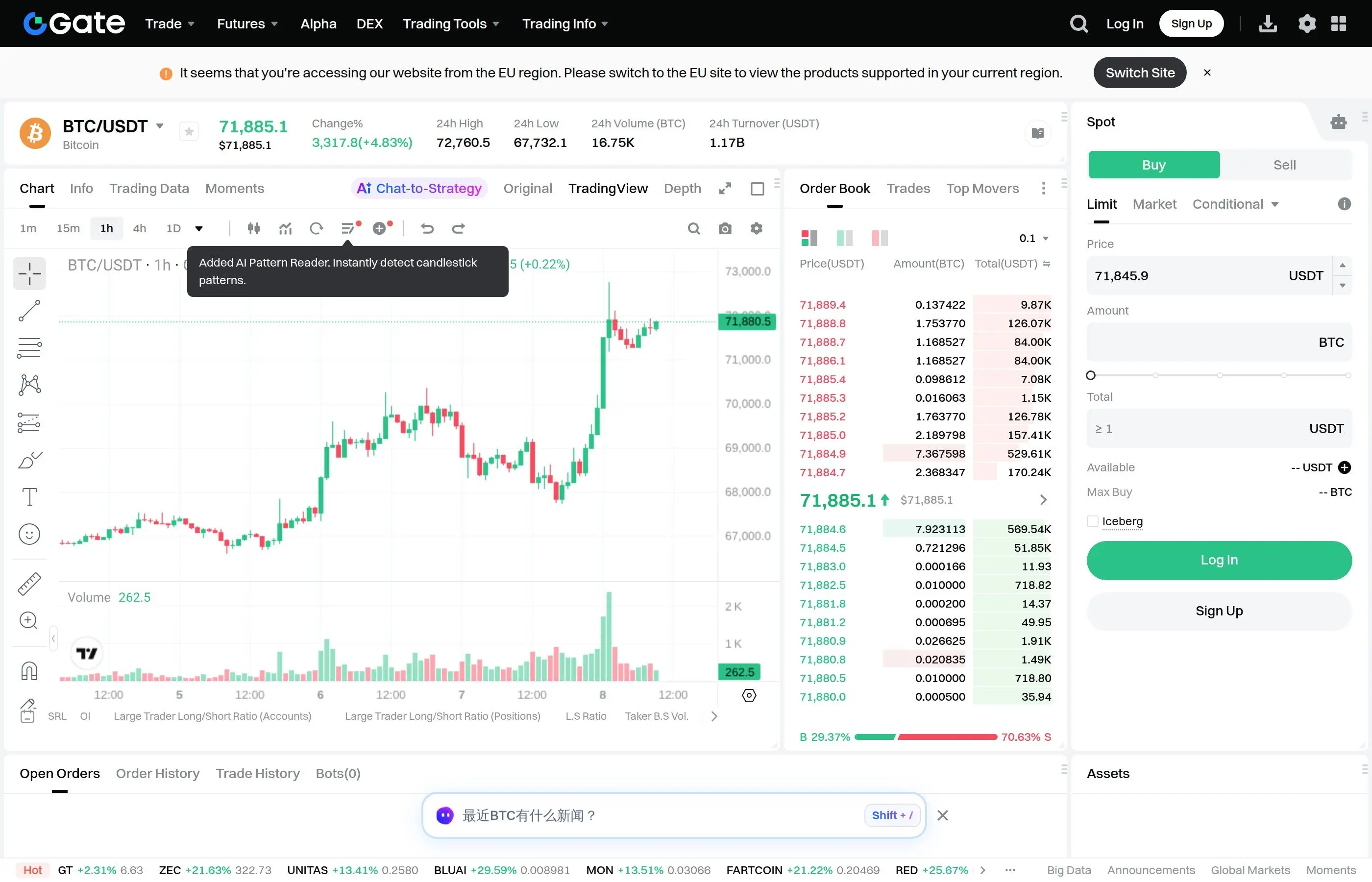 Gate.io trading dashboard with spot trading charts, order book, and trading pairs