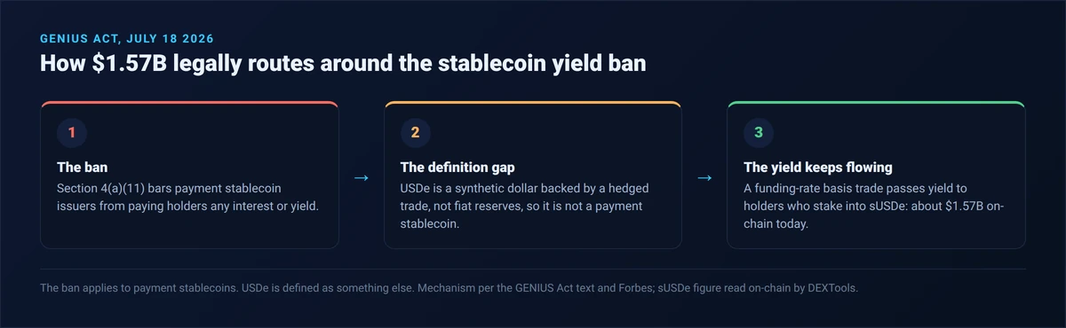 Diagram of the GENIUS Act yield-ban loophole: step one, Section 4(a)(11) bans payment stablecoin issuers from paying holders interest or yield; step two, USDe is classified as a synthetic dollar backed by a hedged trade, not a payment stablecoin, so the ban does not apply; step three, a funding-rate basis trade generates yield that is passed through to holders who stake into sUSDe, about 1.57 billion dollars on-chain