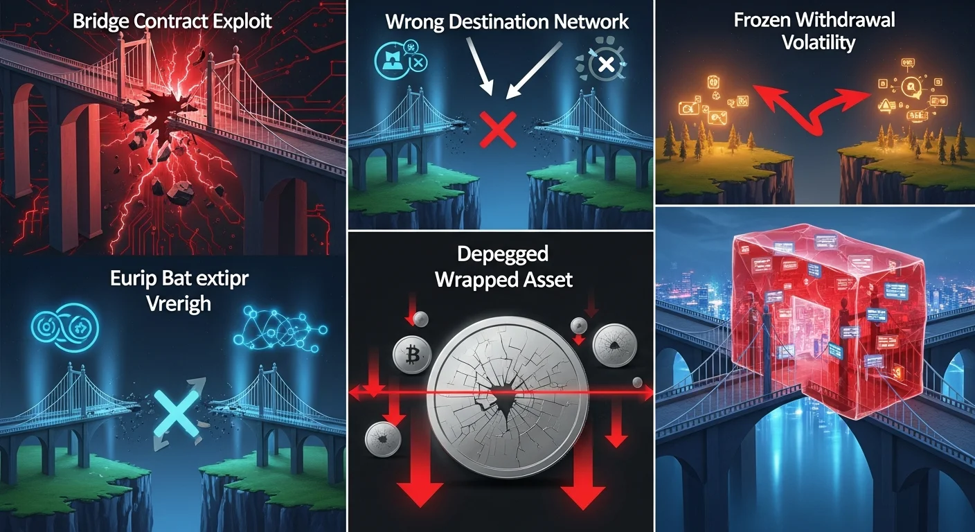 Ilustración de cuatro paneles de riesgos de puente: exploit de contrato, red incorrecta, wrap despegado, retiro congelado