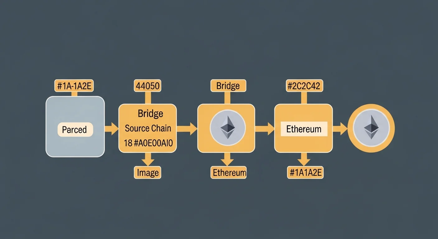 Simulación de interfaz de puente mostrando cadena fuente Ethereum, cadena destino TRON, activo USDT, cantidad, tarifa y un botón de puente