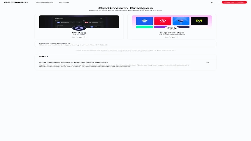 Optimism bridge options page showing route choices before a user picks a bridge provider