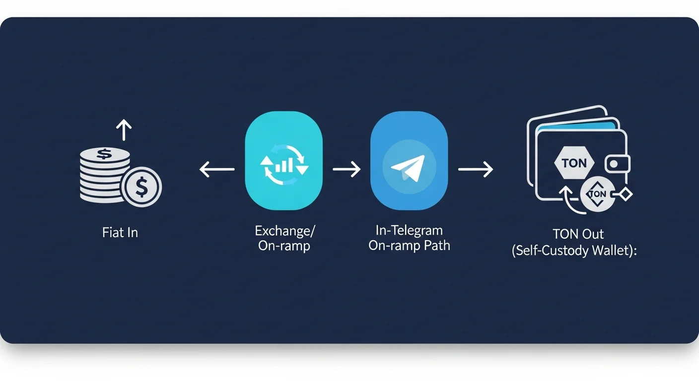 Diagrama del flujo de compra de TON desde fiat a través de un intercambio o rampa de acceso a una billetera de autocustodia