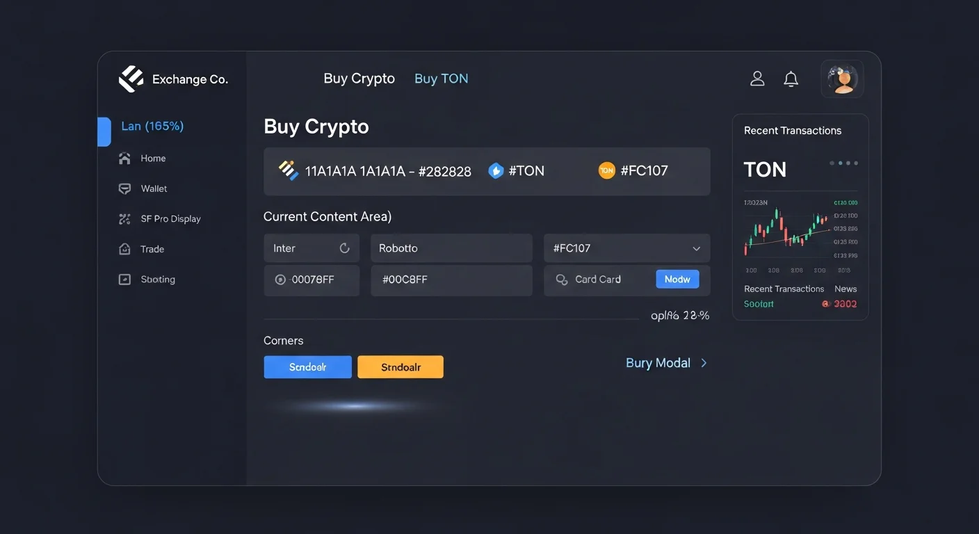 Mockup de la interfaz de intercambio de una pantalla de compra de criptomonedas para TON con alternancia de pago, estimación de tarifas y botón de compra