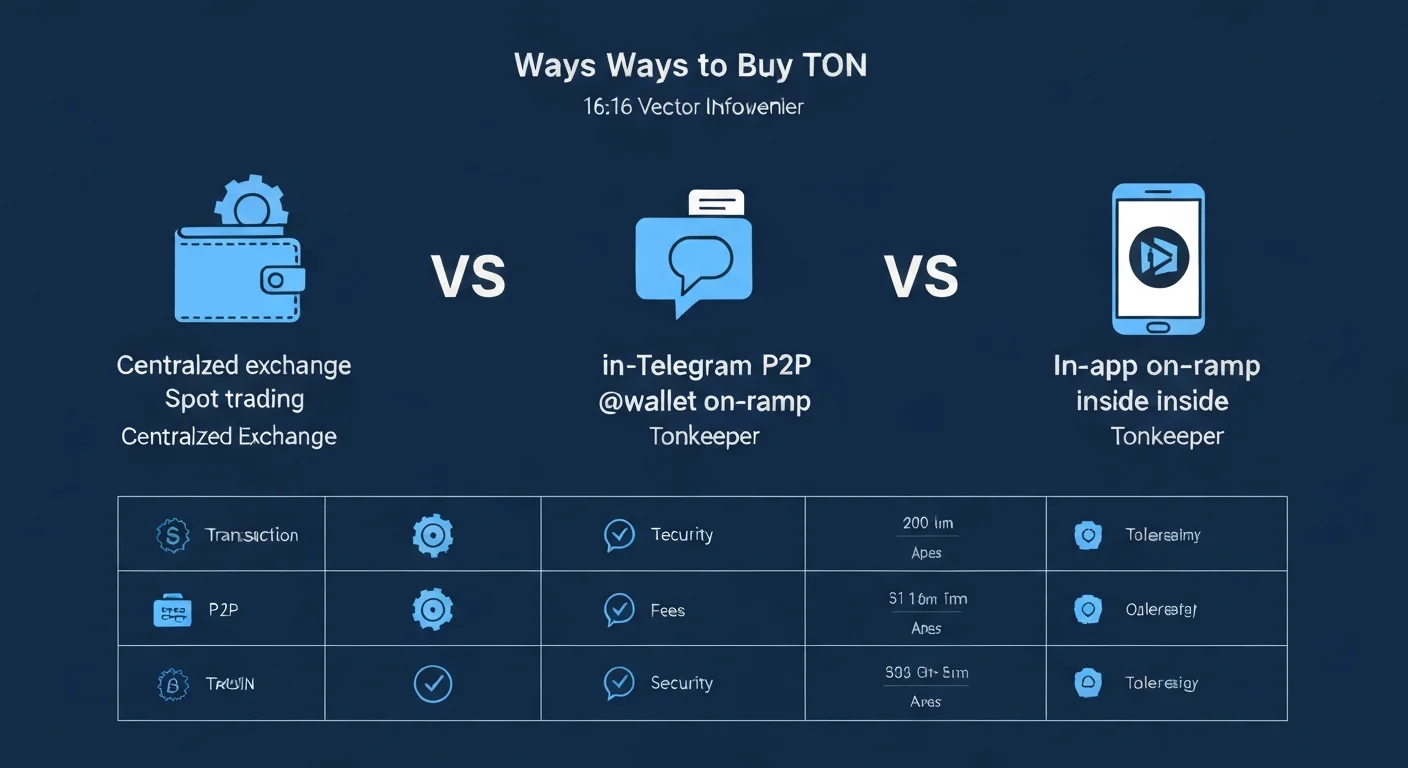 Infografía comparando cuatro formas de comprar TON: intercambio, P2P, rampa de acceso en Telegram, rampa de acceso en billetera