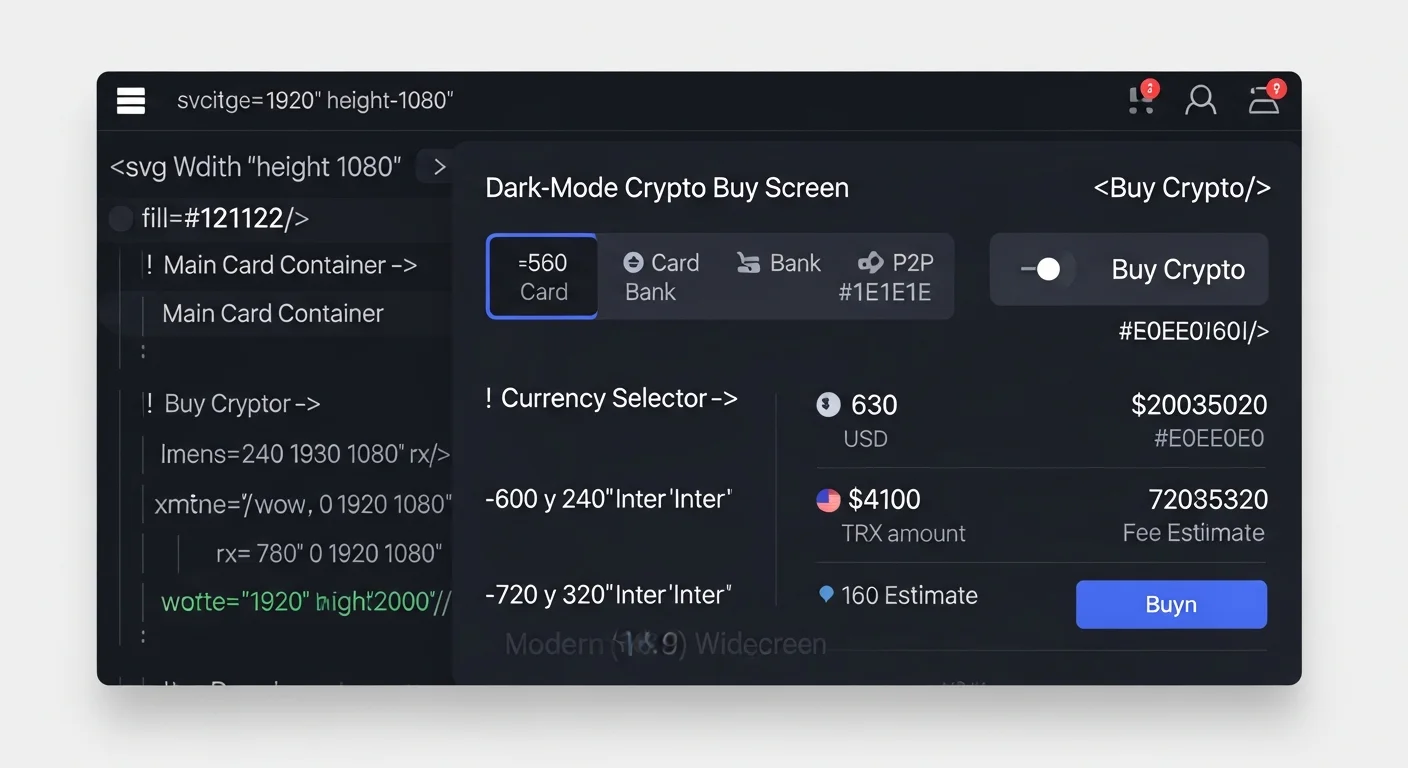 Exchange UI mockup of a buy crypto screen with payment method toggles, TRX amount, and fee estimate
