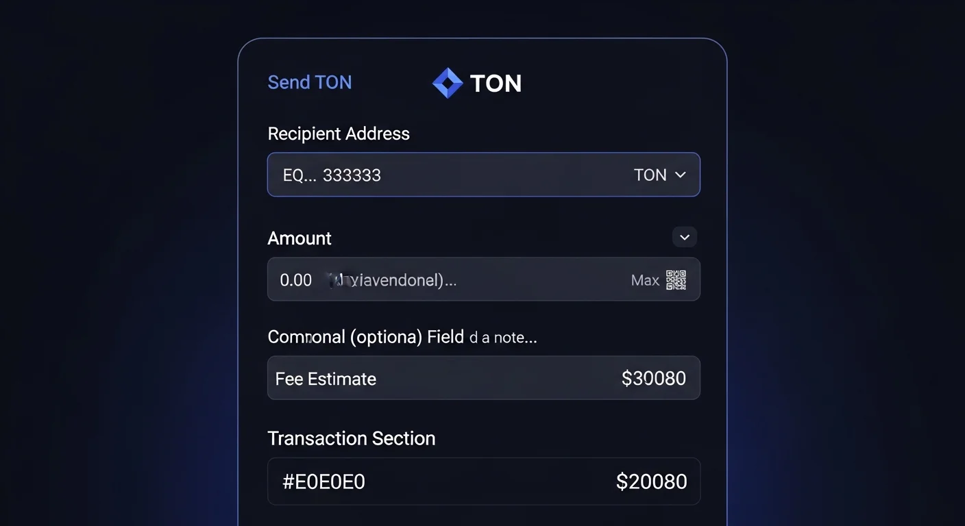Mockup des Sende-Bildschirms einer TON-Wallet mit Adresse, Betrag, optionalem Kommentar, Gebührenschätzung und Bestätigungsbutton