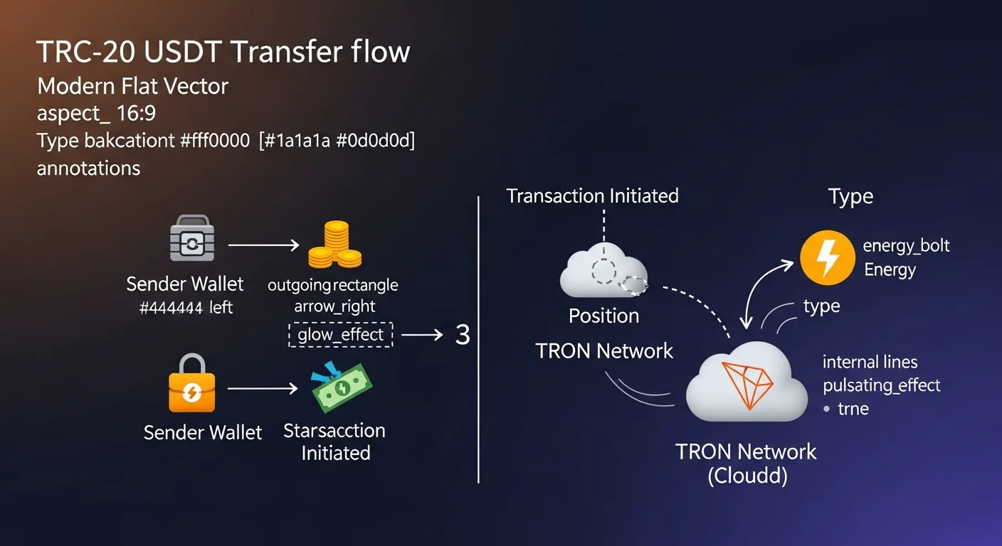 Diagramm der TRC-20 USDT-Übertragung zwischen zwei TRON-Wallets mit Energie- und Bandbreiten-Symbolen
