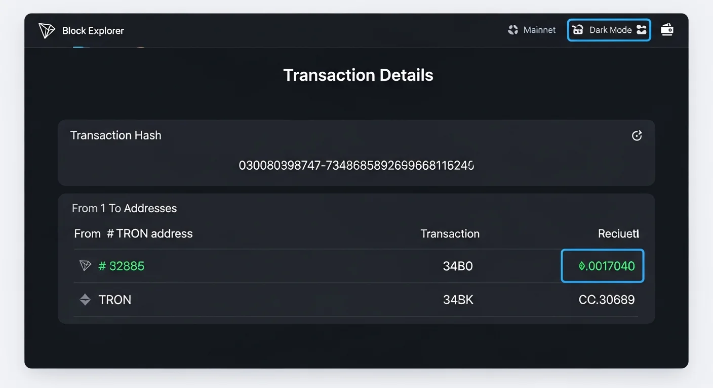 Mockup des Blockexplorers, das eine TRON USDT-Transaktionsdetailseite mit Hash, Adressen, Betrag, Energie und Bandbreite zeigt