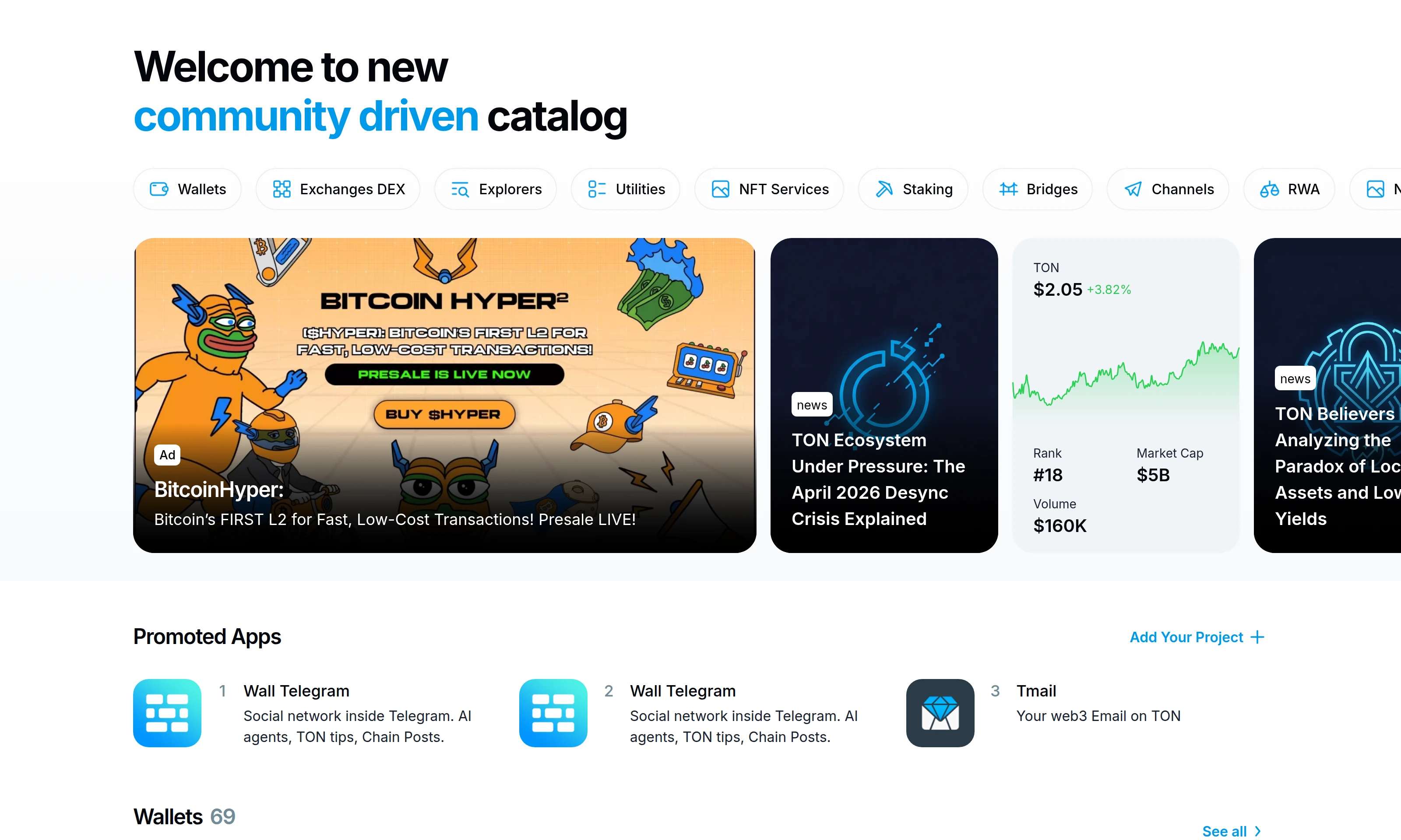 TON app ecosystem homepage showing Telegram-native apps and wallet integrations