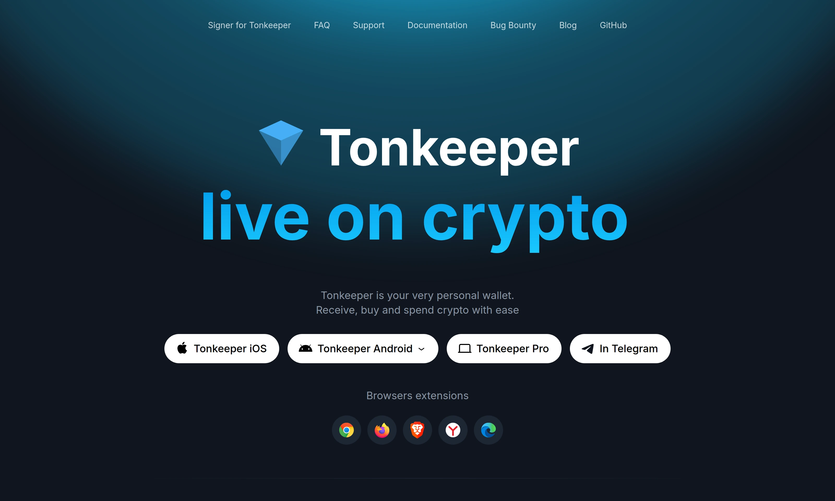 TON 자체 보관 지갑 인터페이스를 보여주는 Tonkeeper 홈페이지