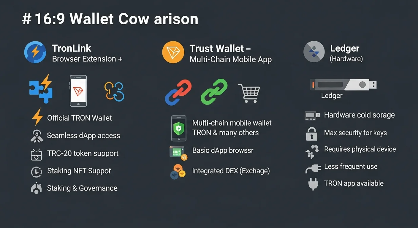 TronLink、Trust Wallet、LedgerのTRON使用に関する比較インフォグラフィック