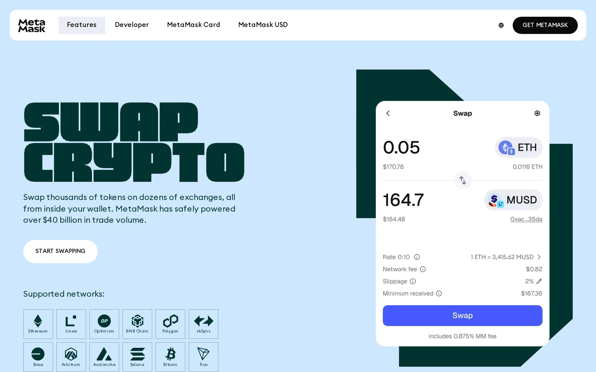 MetaMask swap interface showing token exchange from ETH to USDC with price quote and gas estimate