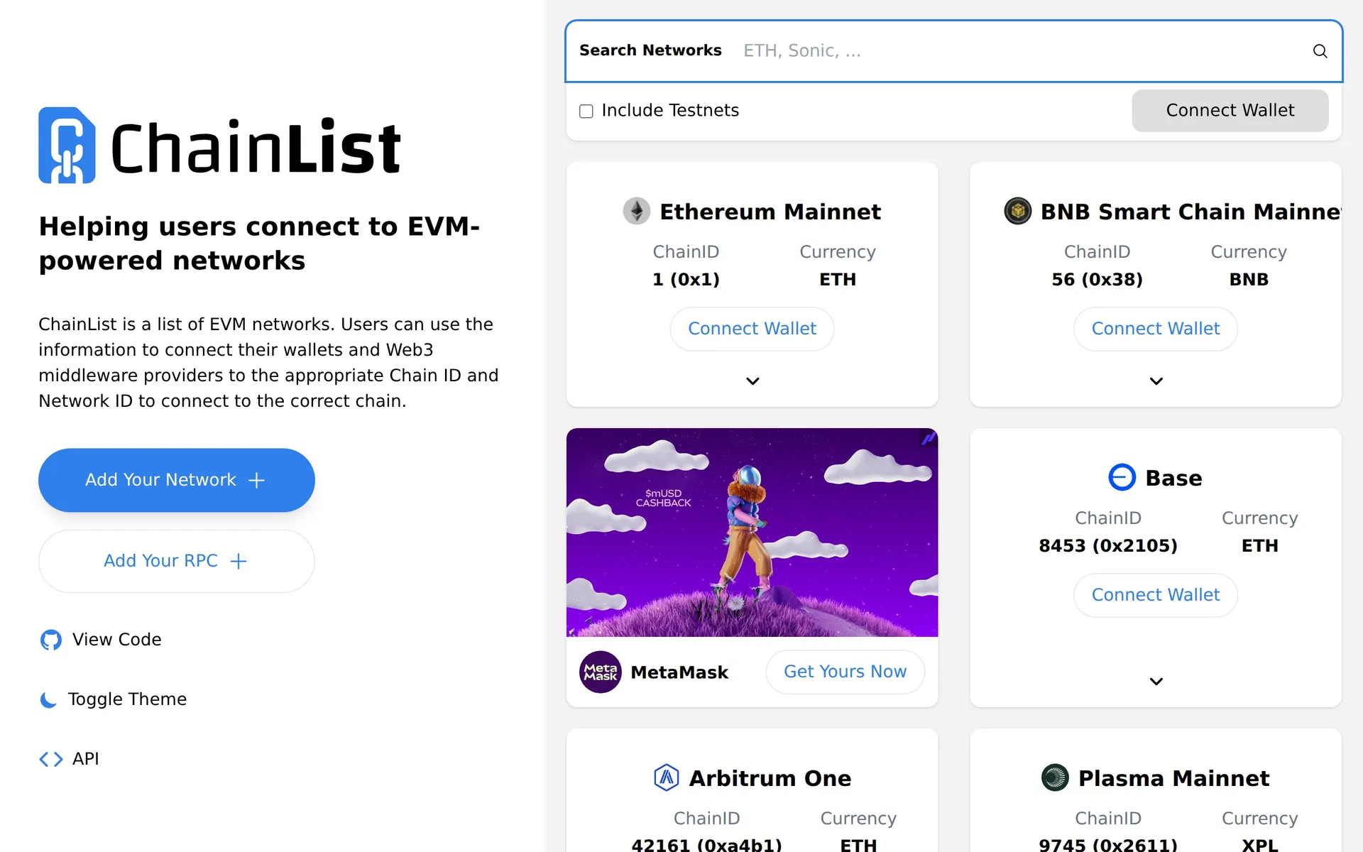 MetaMask network selector showing Ethereum, Polygon, Arbitrum, Optimism, BNB Chain, and Avalanche