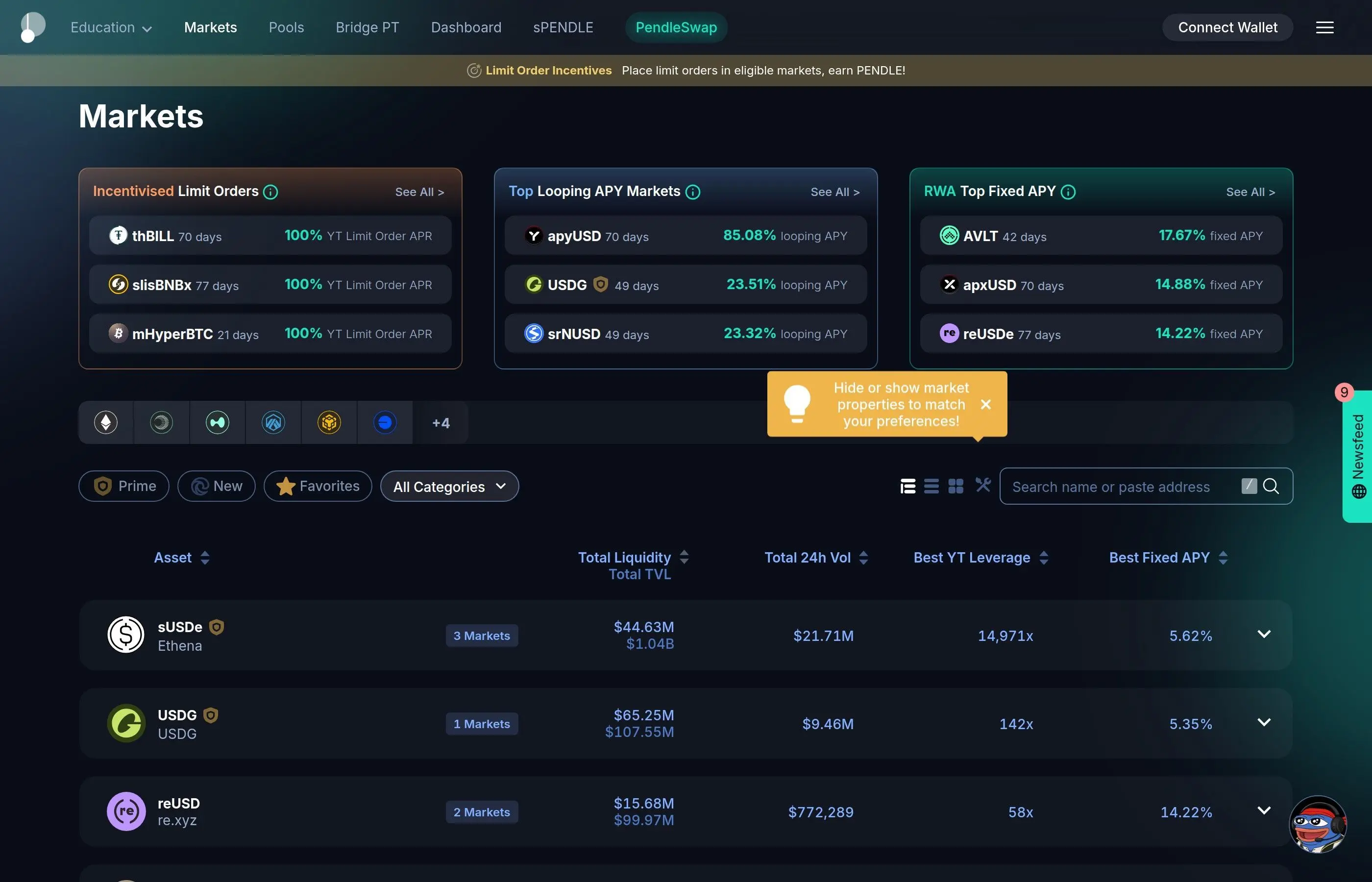 Pendle Finance yield trading platform with PT and YT token markets