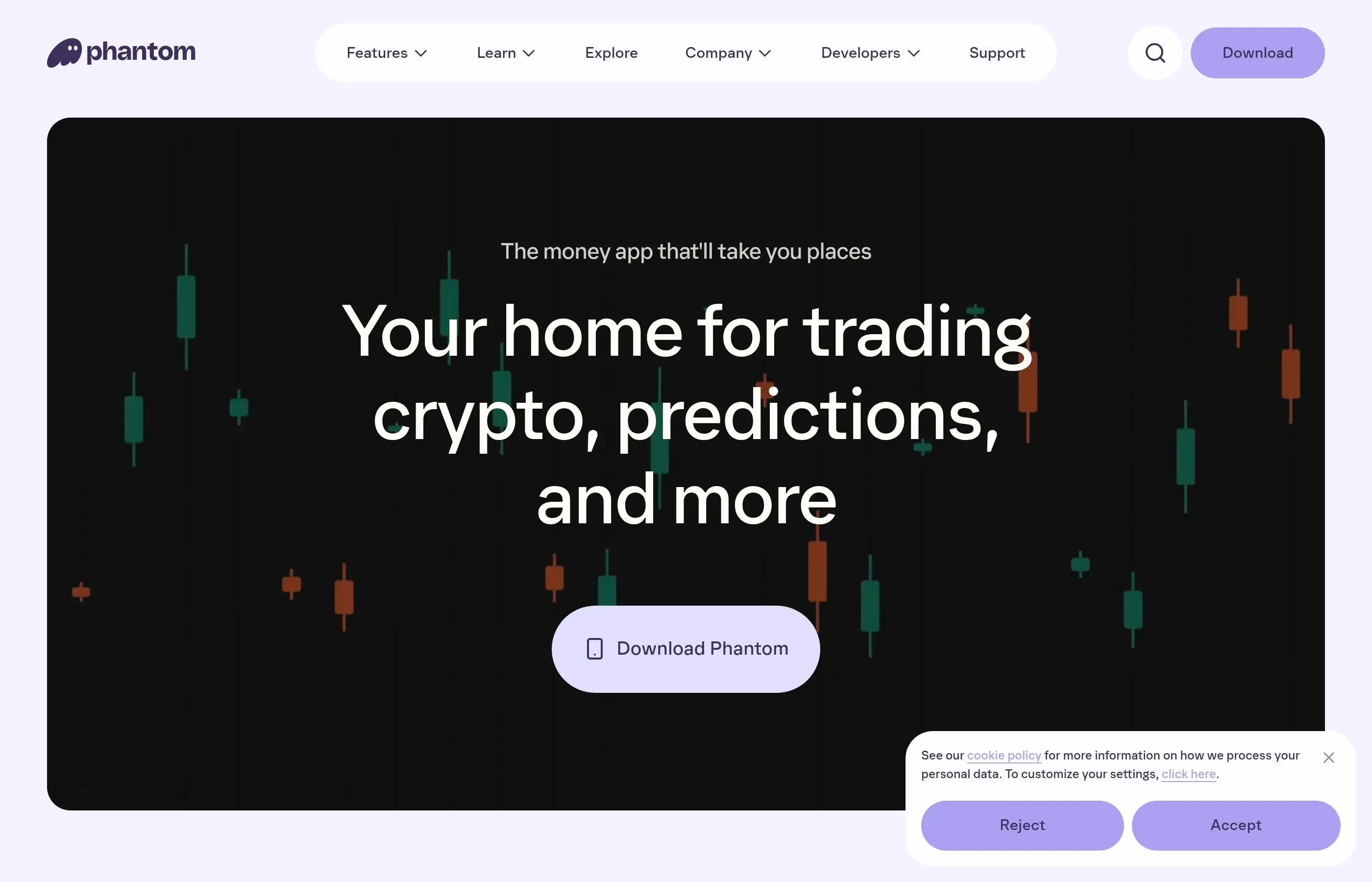Phantom wallet homepage showing multi-chain support for Solana and Ethereum