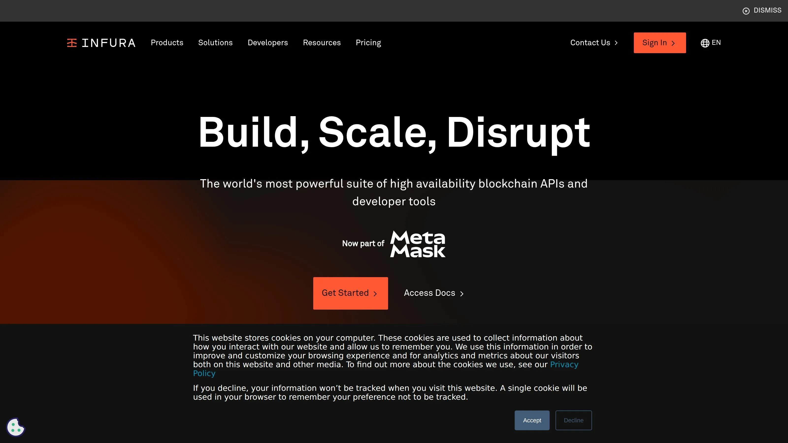 Infura homepage showing web3 development platform and API messaging.