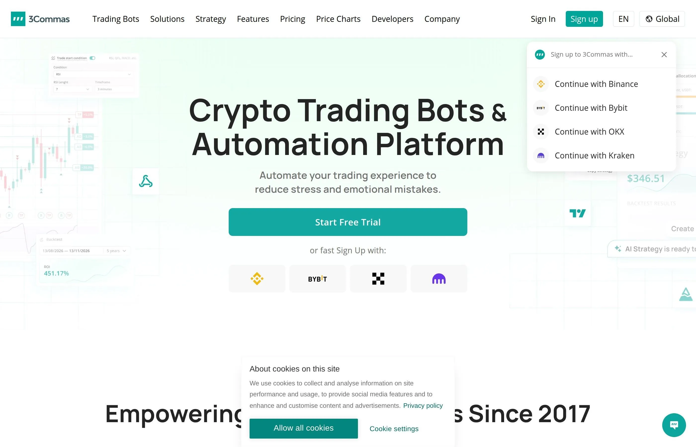Interface de copy trading da 3Commas mostrando o desempenho dos principais traders e alocação de portfólio