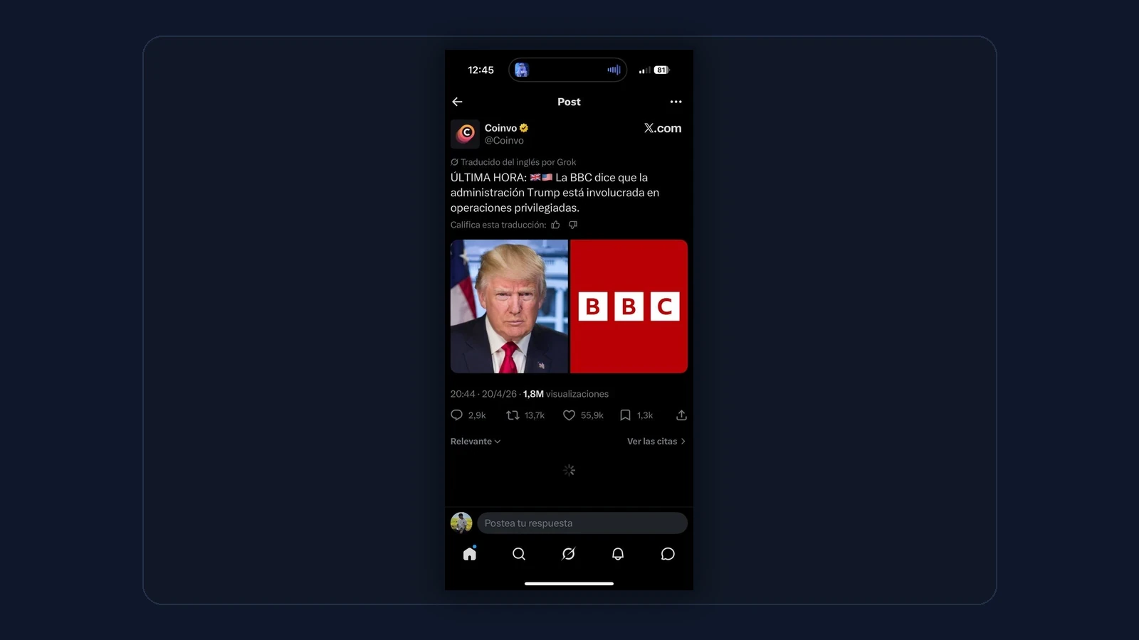Social post on X amplifying the BBC story about insider trading suspicions and Trump administration headlines