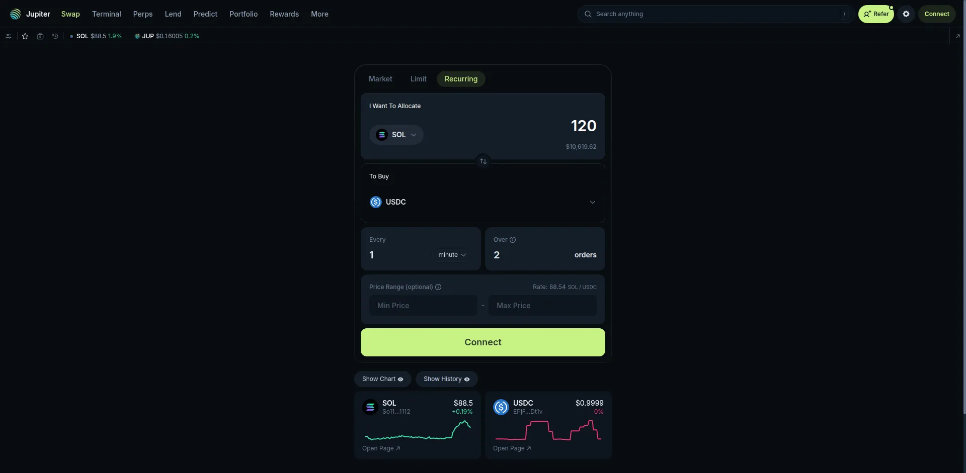 Jupiter DEX wiederkehrende DCA-Oberfläche für automatisierte Token-Käufe auf Solana