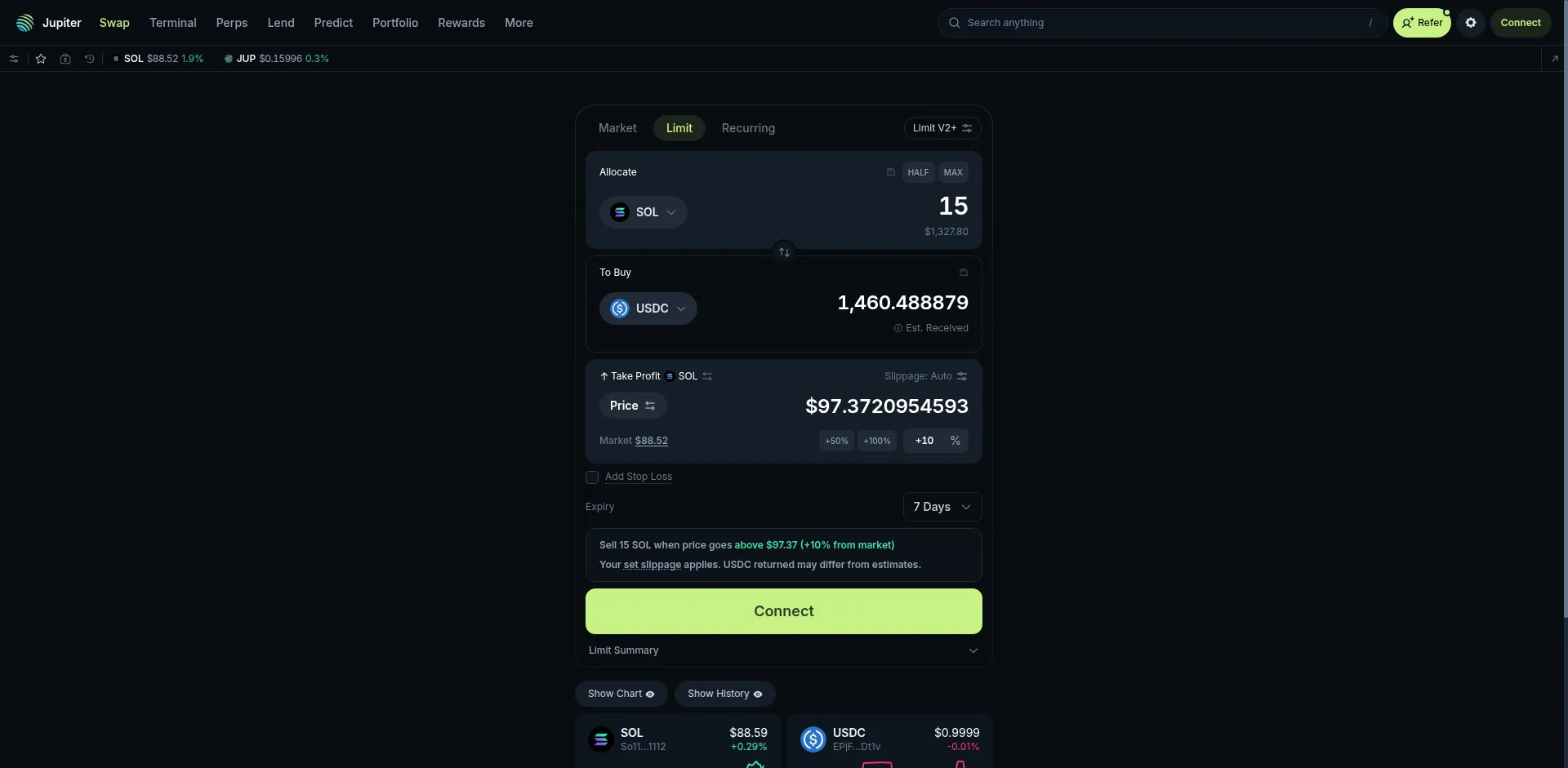 Jupiter DEX Limit-Order-Oberfläche zeigt Take Profit und Stop Loss Einstellungen für SOL/USDC