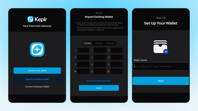 Echter Keplr Wallet Import- und Wiederherstellungsbildschirm aus der offiziellen Unterstützungsdokumentation