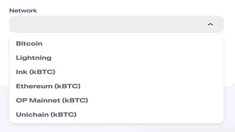 Menu de sélection du réseau Kraken lors d'un flux de retrait
