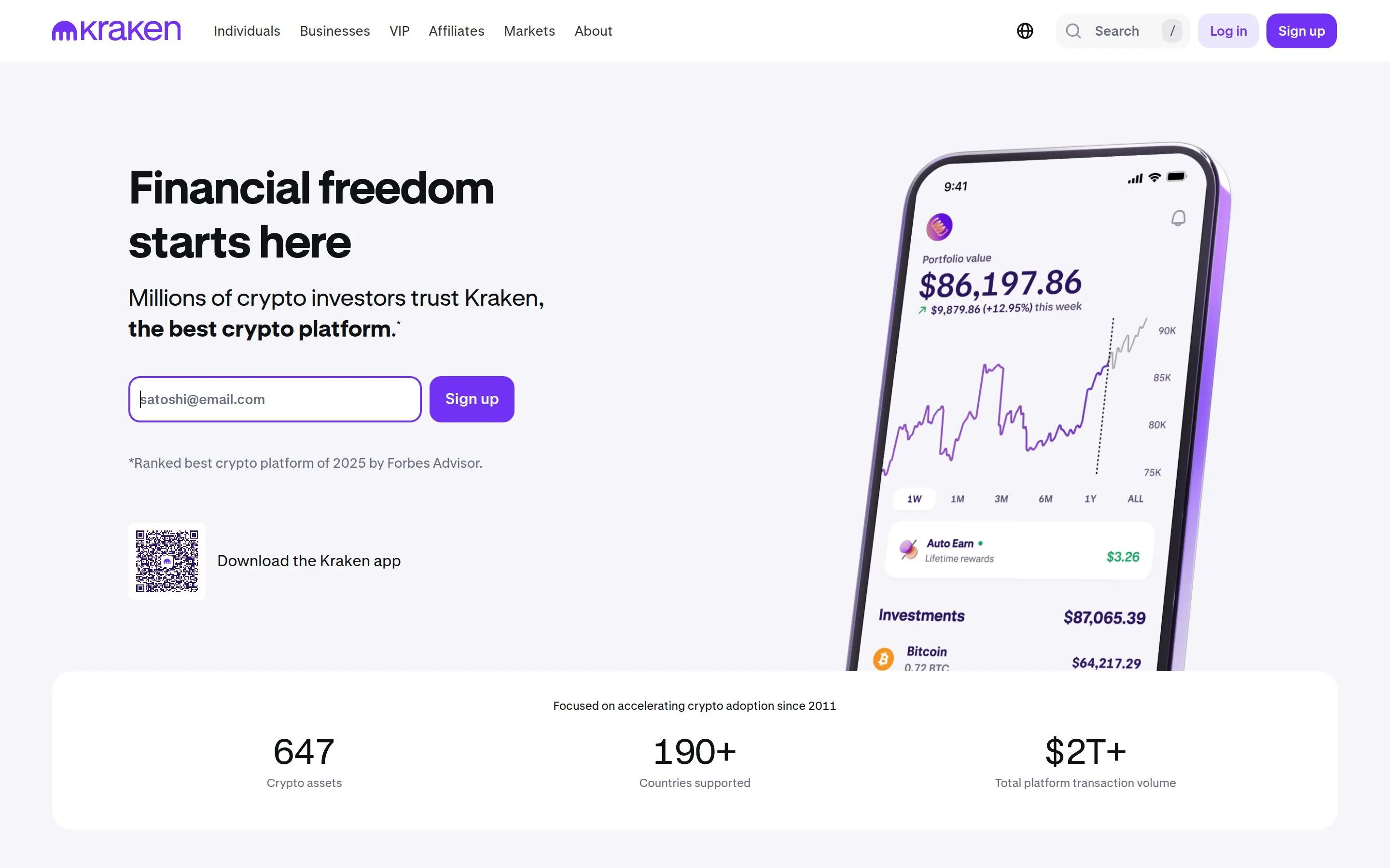 Kraken Kryptowährungsbörse Homepage