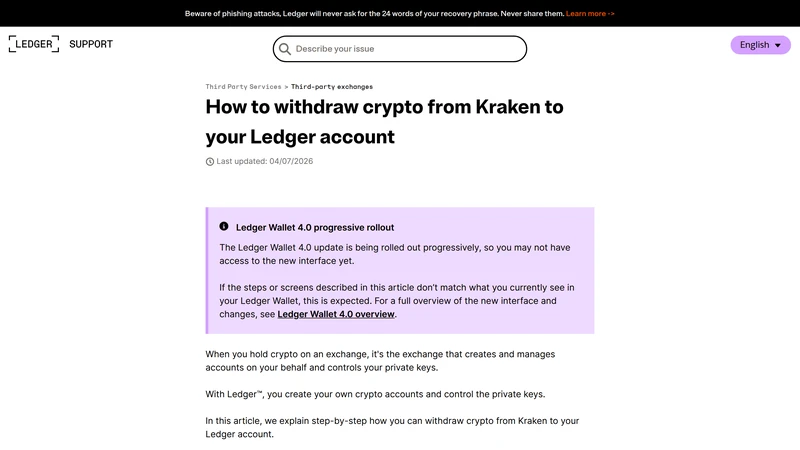 Ledgerサポート記事がKrakenからLedgerアカウントへの暗号通貨の引き出し方法を示しています
