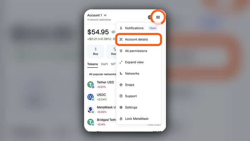 Offizieller MetaMask-Hilfecenter-Bildschirm, der zeigt, wo man die Kontodetails öffnet, bevor man eine Empfangsadresse kopiert